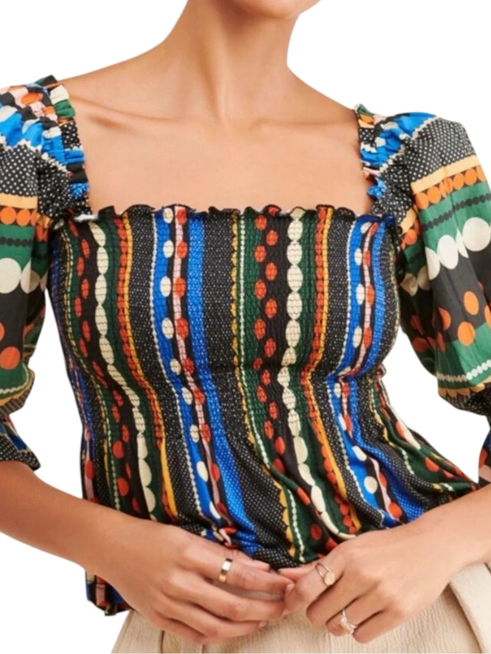 Anthropologie Conditions Apply Smocked Sweetheart Blouse Black Motif Medium NWOT